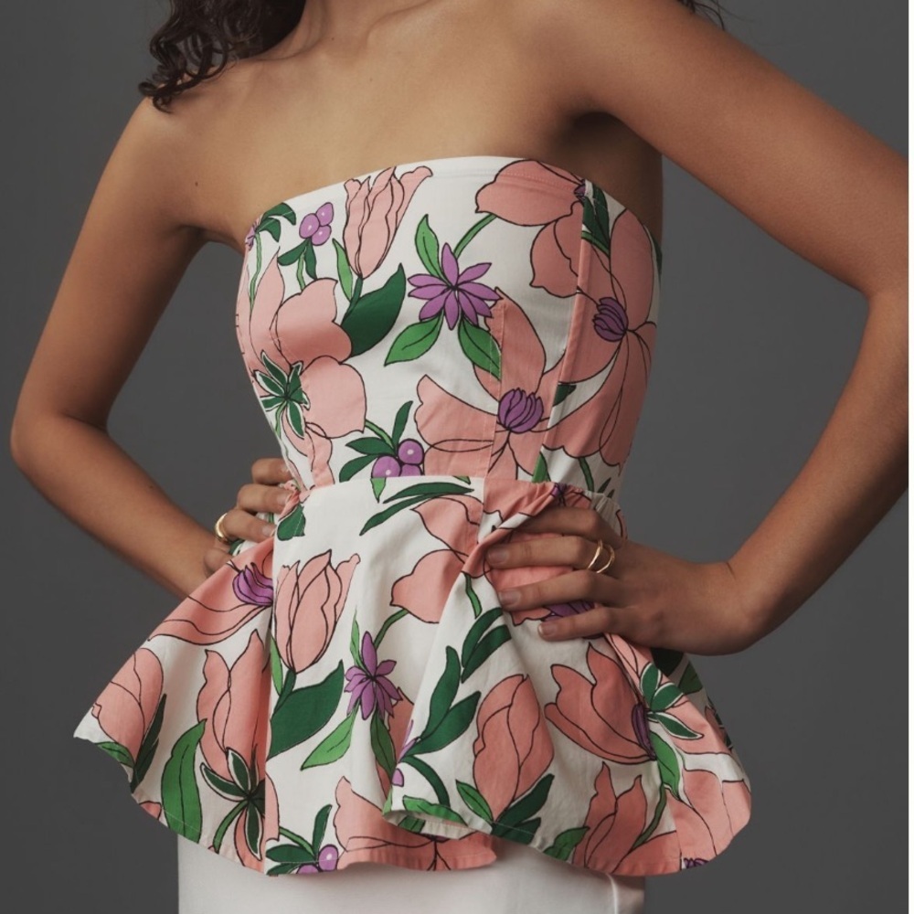 NWT Anthropologie Banjanan Della Strapless Peplum Top Floral Pink Combo